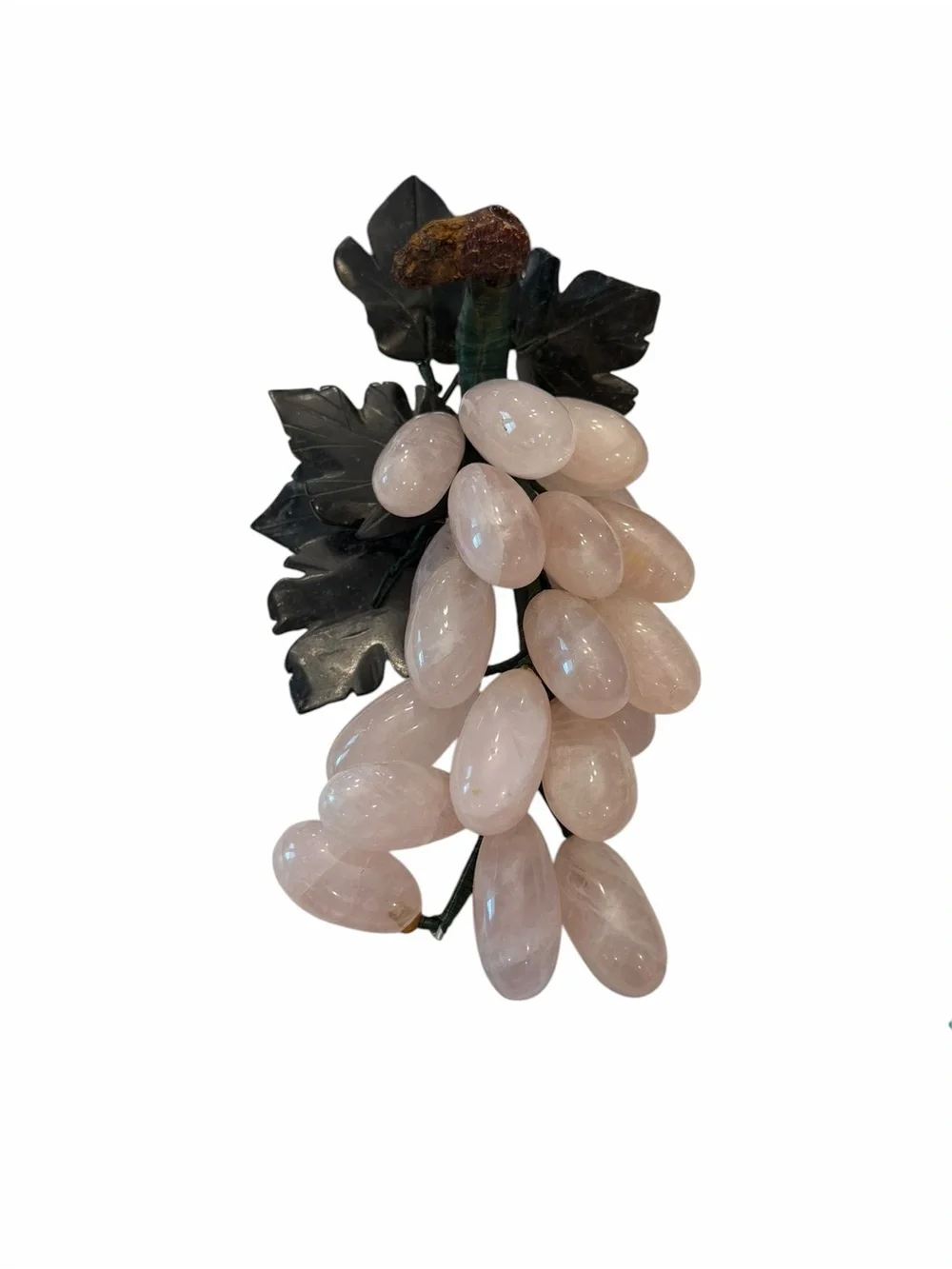 Pink Rose Quartz Grape Cluster Green Jade Stone Leaves MCM Decor Mid Century